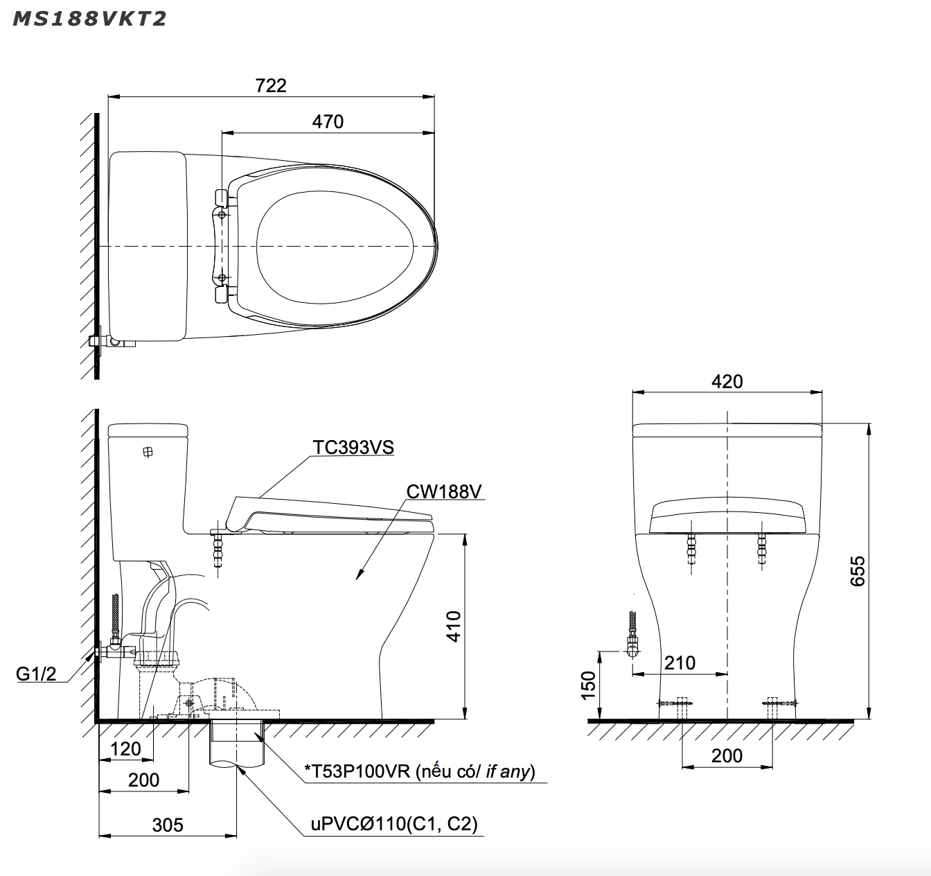 Bồn cầu 1 khối TOTO MS188VKT2 T53P100VR nắp đóng êm TC393VS