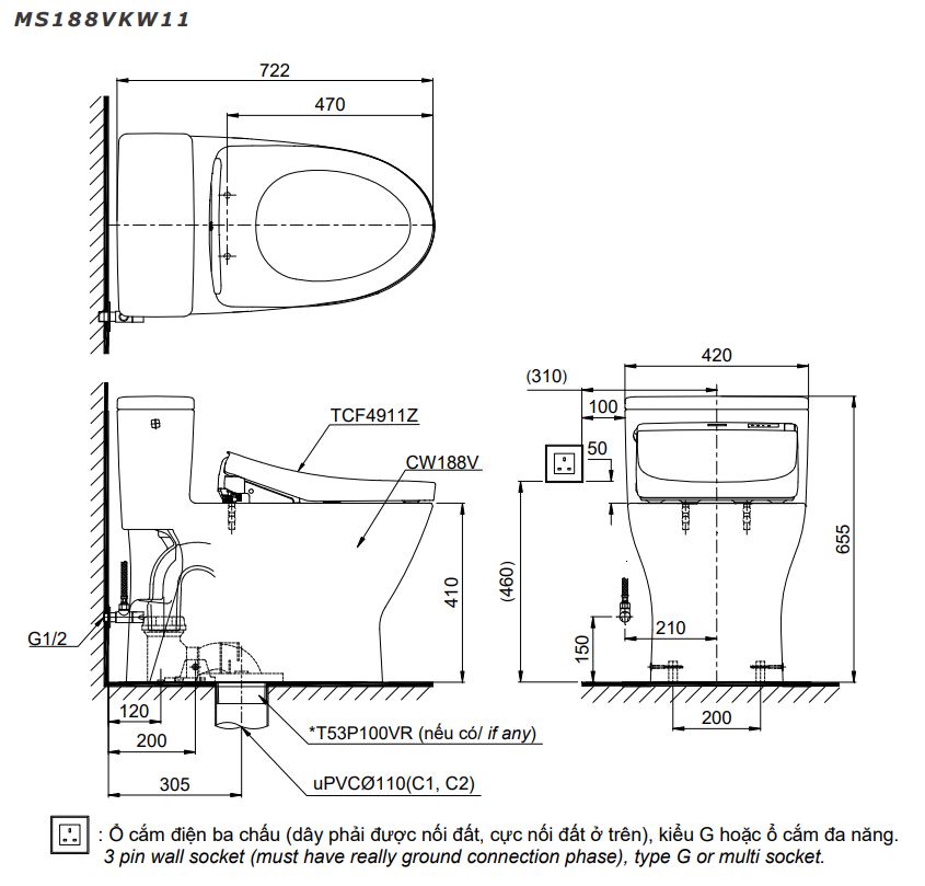 Bồn cầu TOTO MS188VKW11 T53P100VR 1 khối nắp điện tử Washlet S7 TCF4911Z