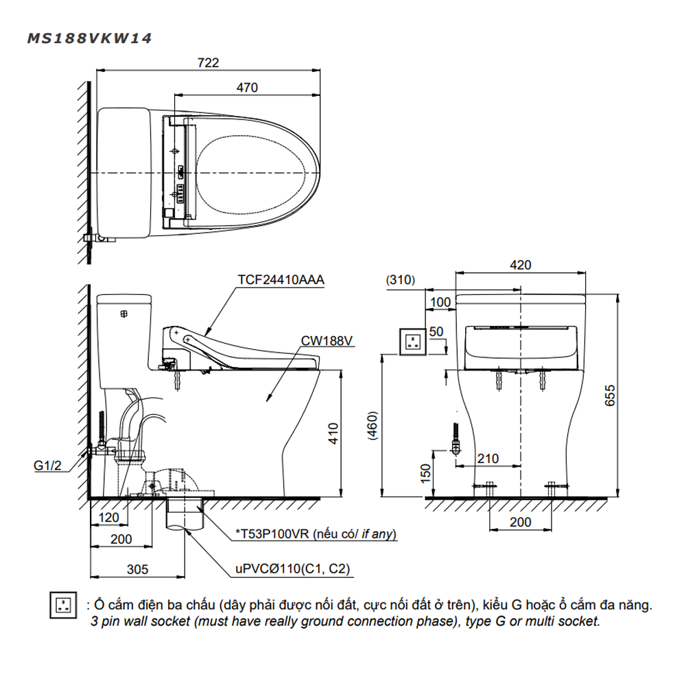 Bồn cầu TOTO MS188VKW14 T53P100VR 1 khối nắp điện tử Washlet C5 TCF24410AAA