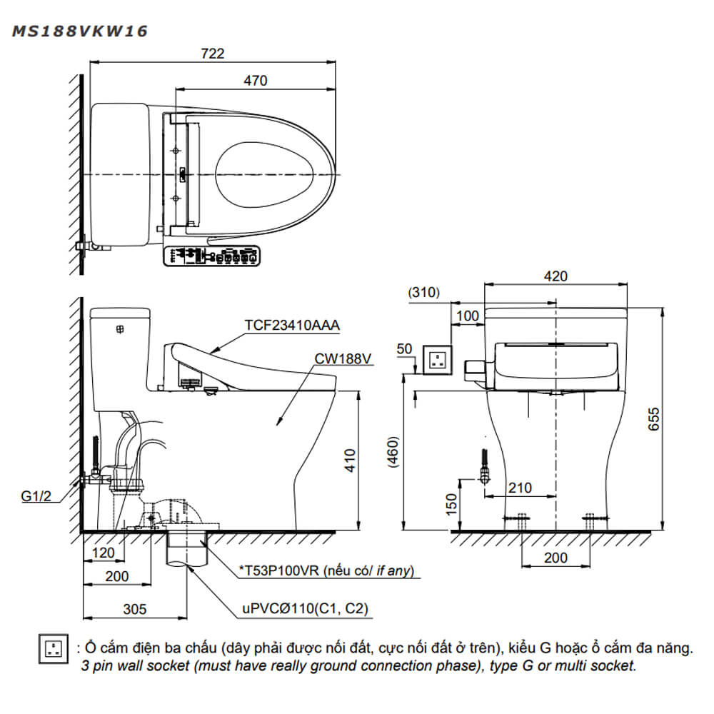 Bồn cầu TOTO MS188VKW16 T53P100VR 1 khối nắp điện tử Washlet C2 TCF23410AAA
