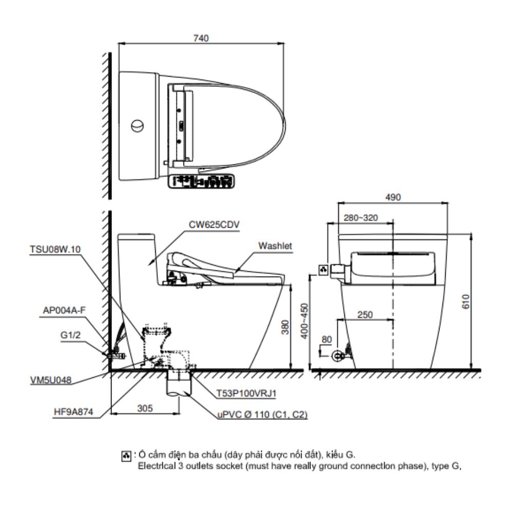 Bồn cầu TOTO MS625CDW25 1 khối nắp điện tử Washlet S5 TCF34461GAA giấu dây