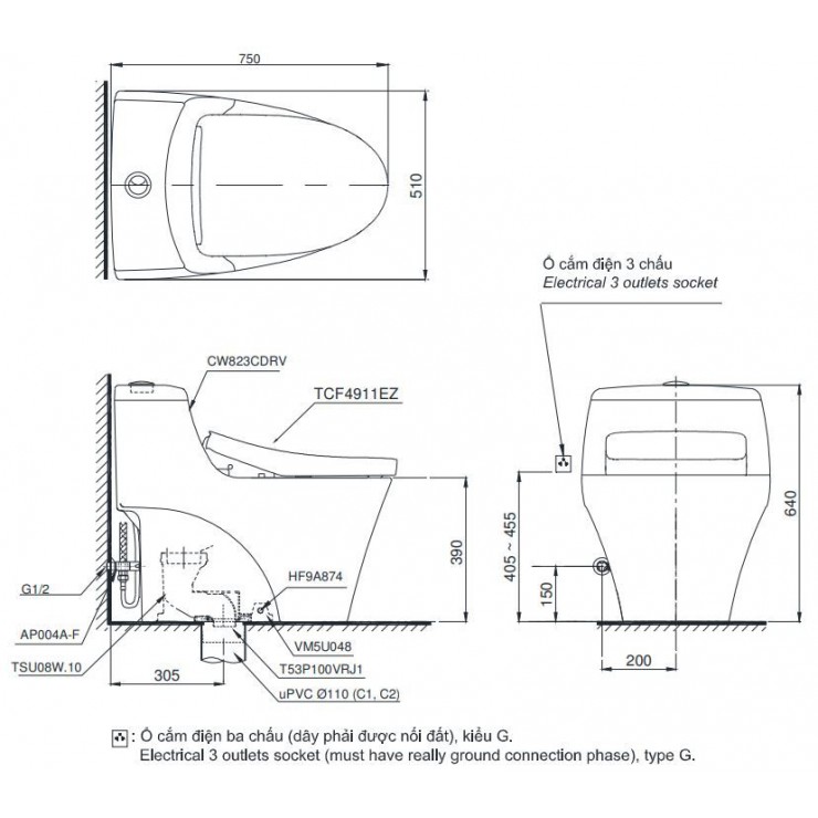 Bồn cầu TOTO MS823CDRW12 1 khối nắp điện tử Washlet S7 TCF4911EZ giấu dây