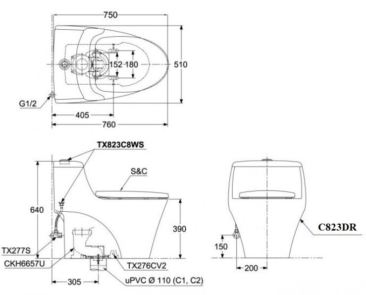 Bồn cầu 1 khối TOTO MS823DRT2 nắp đóng êm TC393VS