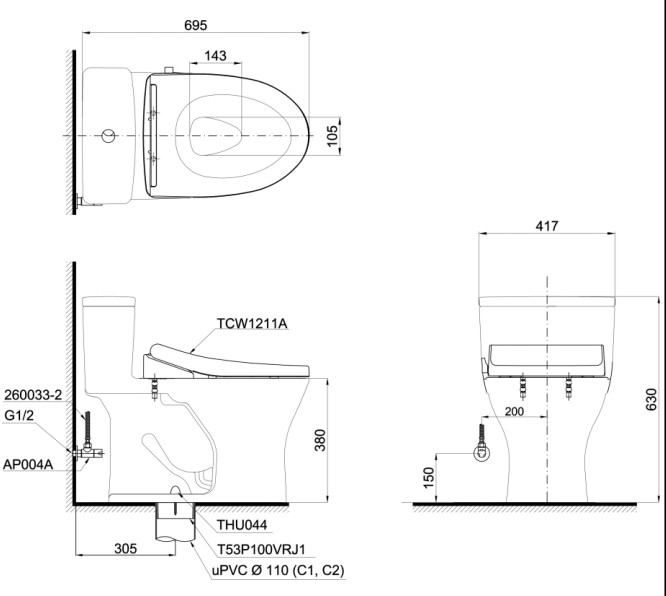 Bồn cầu TOTO MS855DE4 1 khối nắp rửa cơ TCW1211A