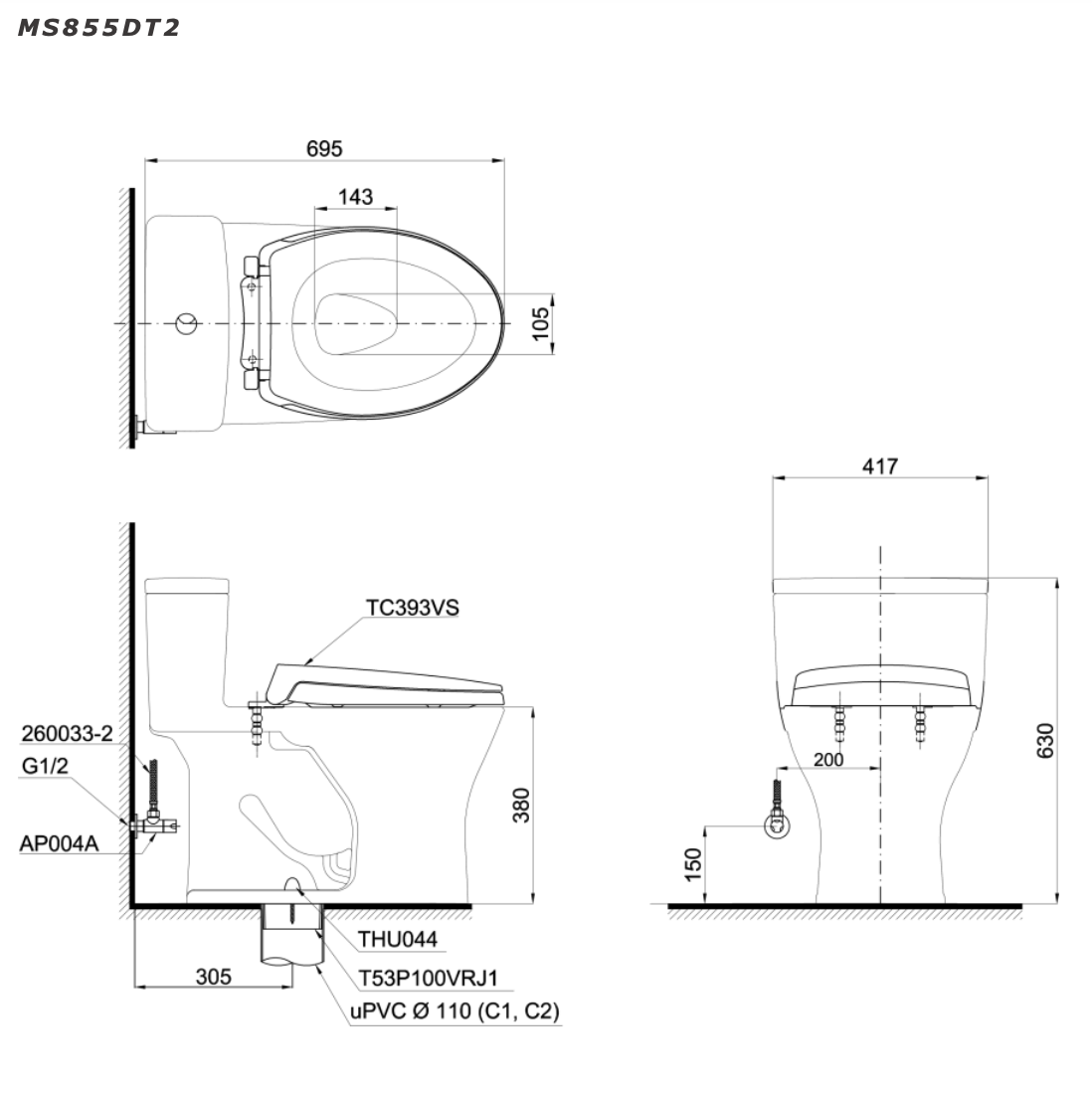 Bồn cầu 1 khối TOTO MS855DT3 nắp đóng êm TC385VS