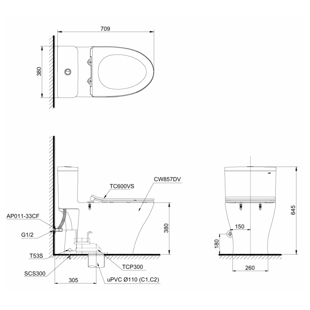 Bồn cầu 1 khối TOTO MS857DT2 nắp đóng êm TC393VS