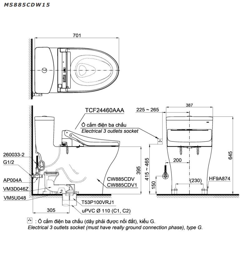Bồn cầu TOTO MS885CDW15 1 khối nắp điện tử Washlet C5 TCF24460AAA giấu dây
