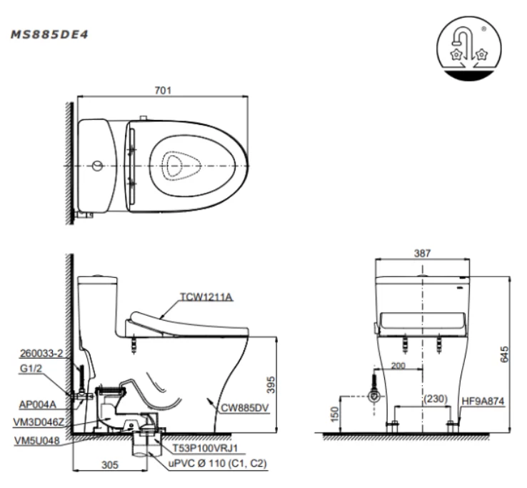 Bồn cầu TOTO MS885DE4 1 khối nắp rửa cơ TCW1211A