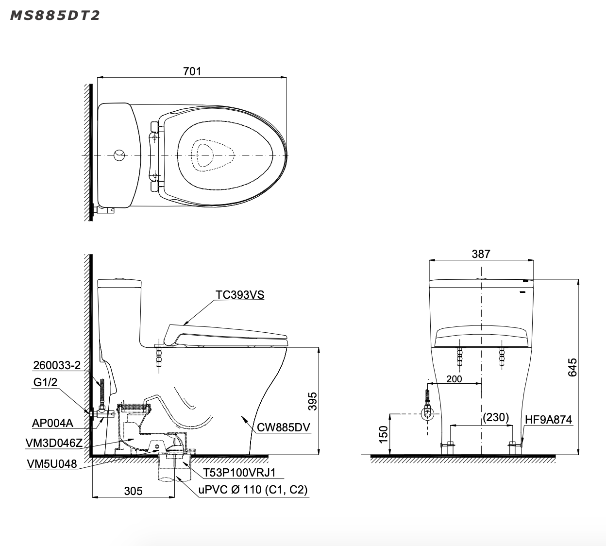 Bồn cầu 1 khối TOTO MS885DT2 nắp đóng êm TC393VS