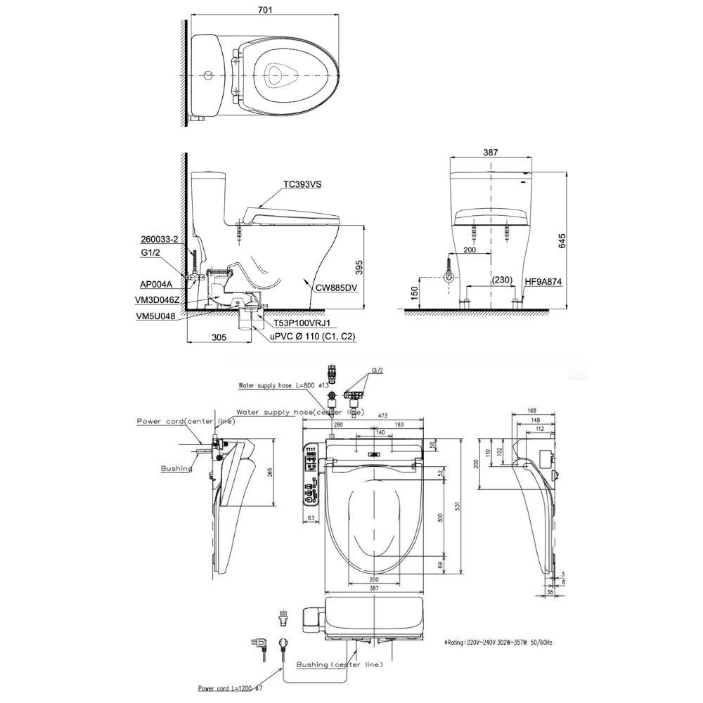 Bồn cầu TOTO MS885DW18 1 khối  nắp điện tử Washlet C2 TCF23710AAA