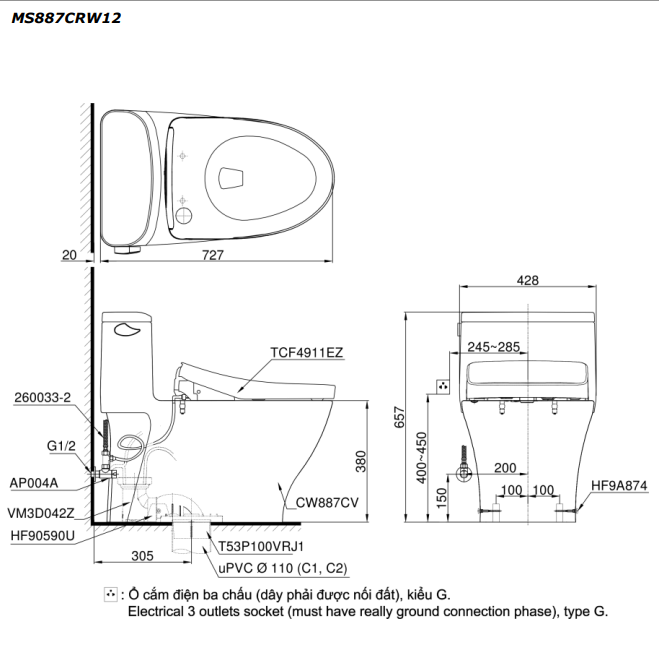 Bồn cầu TOTO MS887CRW12 1 khối nắp điện tử Washlet S7 TCF4911EZ giấu dây