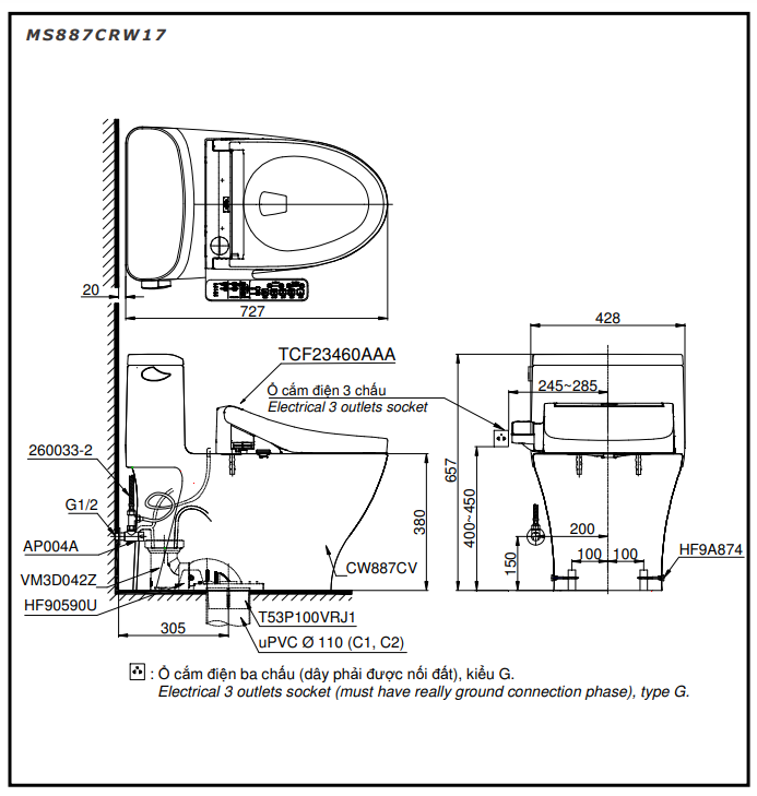 Bồn cầu TOTO MS887CRW17 1 khối nắp điện tử Washlet C2 TCF23460AAA giấu dây