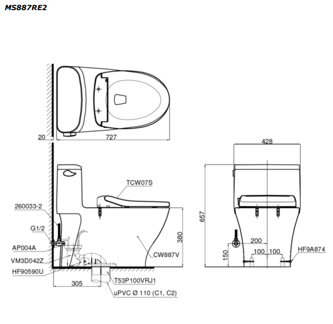 Bồn cầu TOTO MS887RE2 1 khối nắp rửa cơ TCW07S