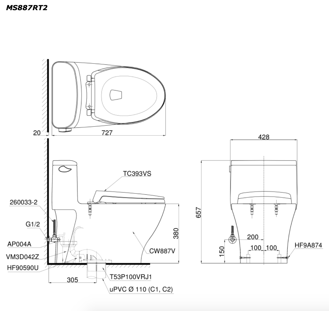 Bồn cầu 1 khối TOTO MS887RT3 nắp đóng êm TC385VS