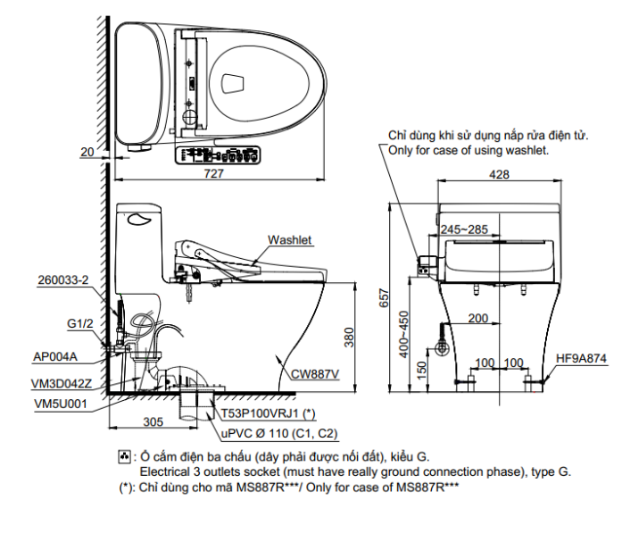 Bồn cầu TOTO MS887RW16 1 khối nắp điện tử Washlet C2 TCF23410AAA