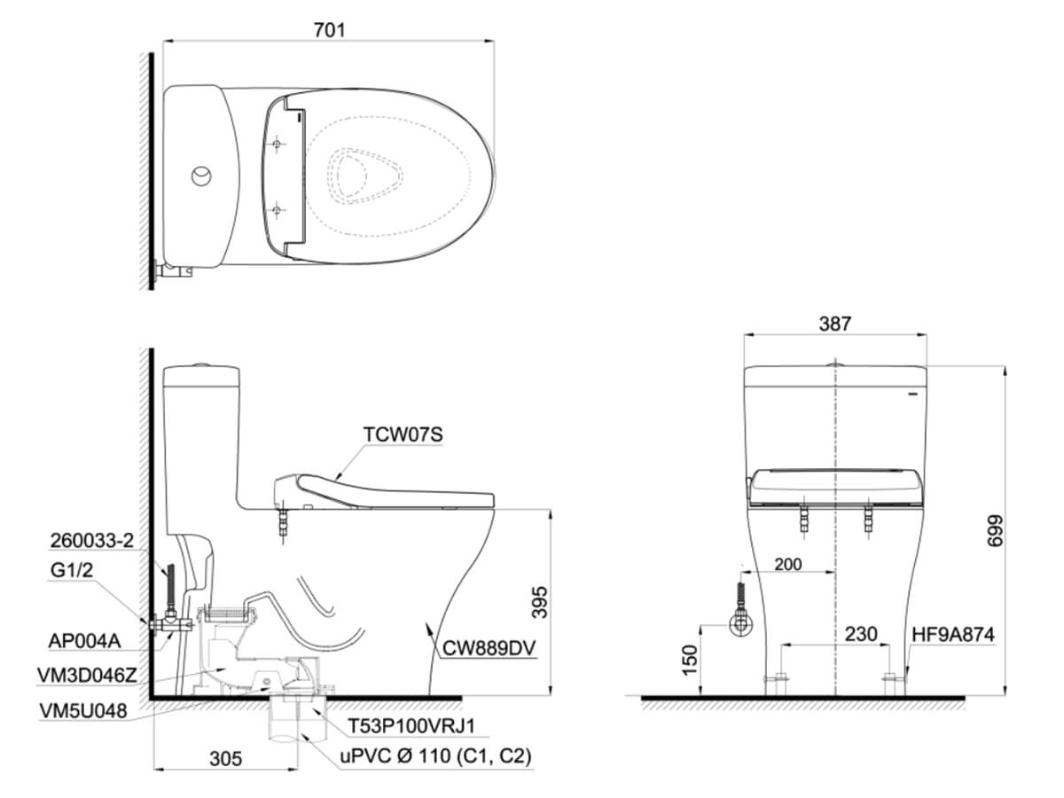 Bồn cầu TOTO MS889DRE2 1 khối nắp rửa cơ TCW07S