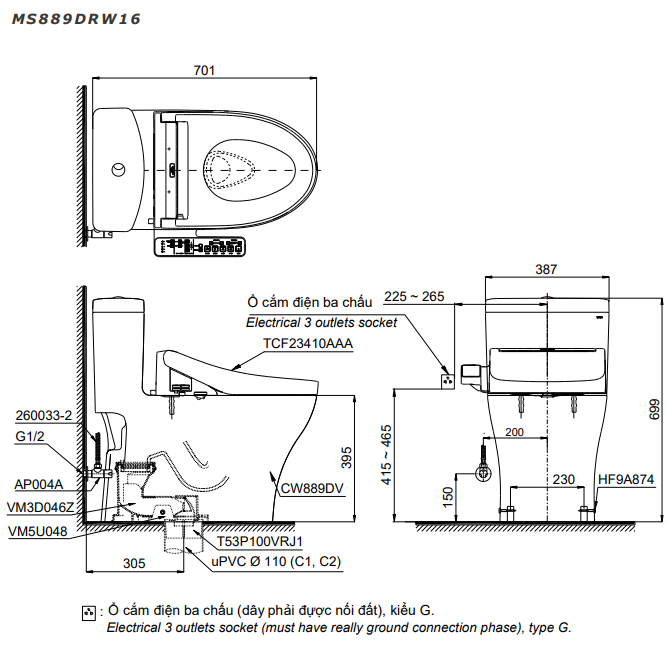 Bồn cầu TOTO MS889DRW16 1 khối nắp điện tử Washlet C2 TCF23410AAA