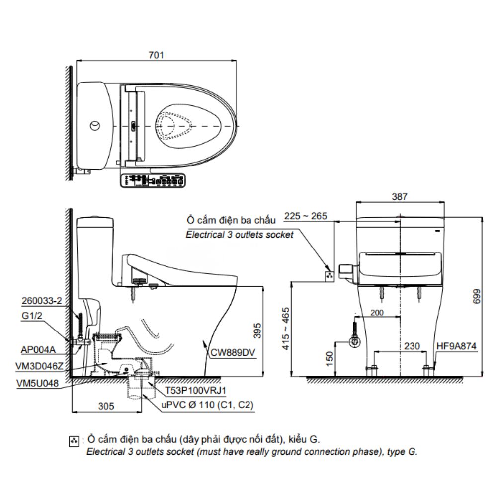 Bồn cầu TOTO MS889DRW25 1 khối nắp điện tử Washlet S5 TCF34461GAA