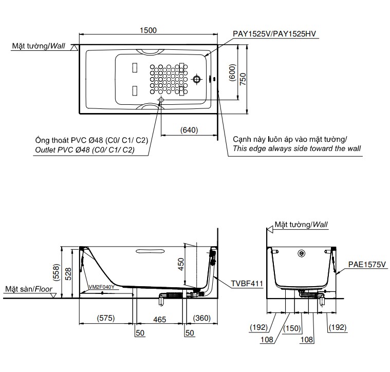 Bồn tắm yếm TOTO PAY1525HVC#W nhựa 1m5 tay vịn