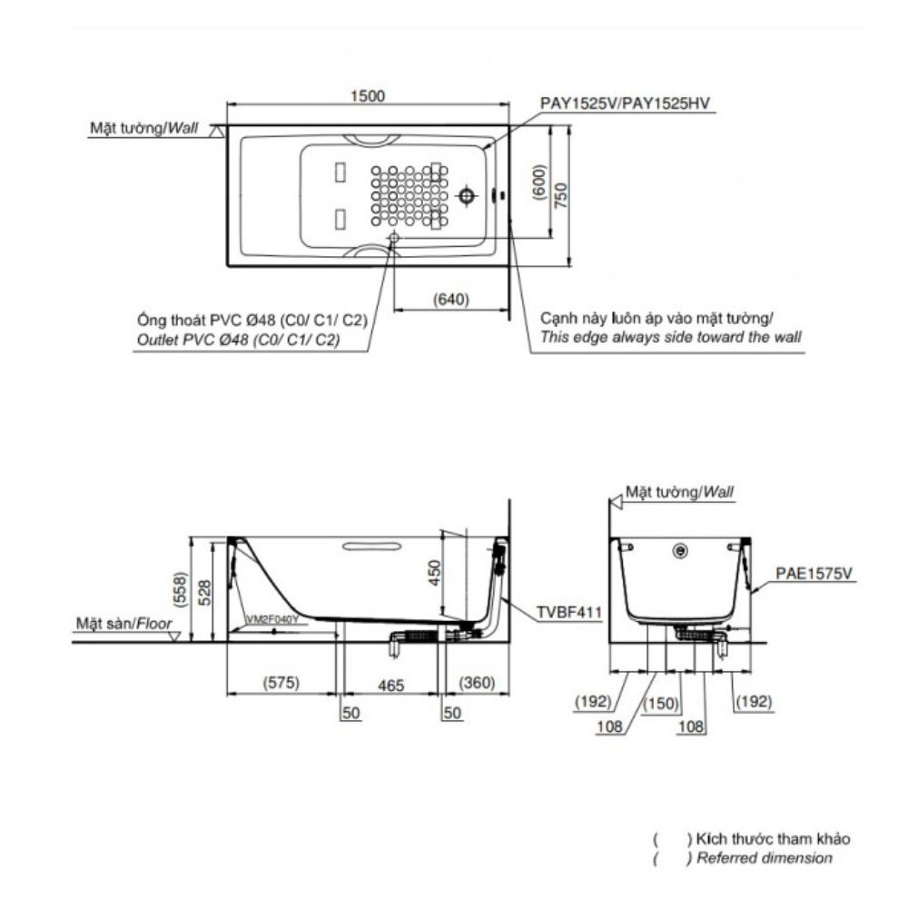 Bồn tắm yếm TOTO PAY1525HVC#W TVBF411 nhựa 1m5 tay vịn gồm bộ xả thải