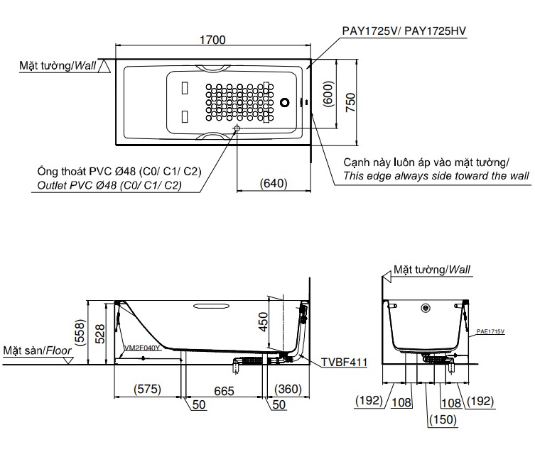 Bồn tắm yếm TOTO PAY1725HVC#W nhựa 1m7 tay vịn