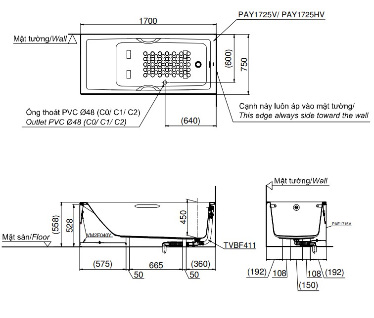 Bồn tắm yếm TOTO PAY1725VC#W TVBF411 nhựa 1m7 gồm bộ xả thải