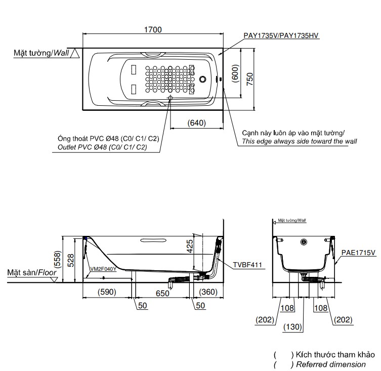 Bồn tắm yếm TOTO PAY1735HVC#W nhựa 1m7 tay vịn