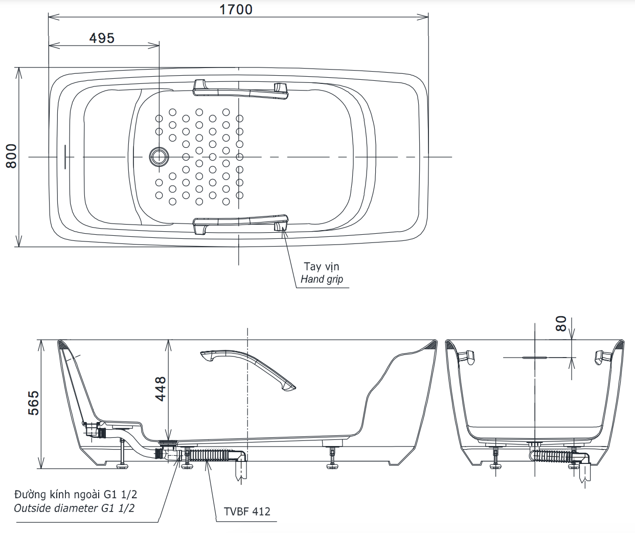 Bản vẽ kỹ thuật bồn tắm đặt sàn TOTO PJY1724WHPWEN#GW TVBF412 GALALATO 1m7 tay vịn gồm ống thải