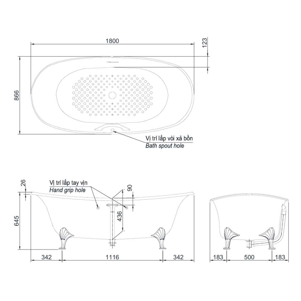 Bồn tắm đặt sàn TOTO PPY1806HPWNE#S ngọc trai 1m8 tay vịn