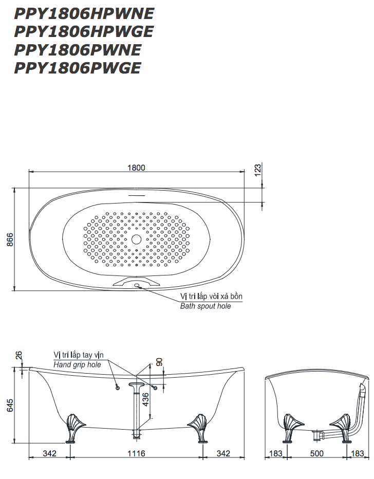 Bồn tắm đặt sàn TOTO PPY1806PWNE#P ngọc trai 1m8