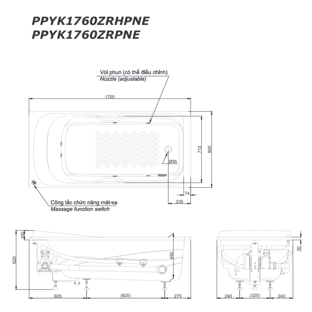 Bồn tắm TOTO PPYK1760ZRHPNE#P ngọc trai 1m7 tay vịn