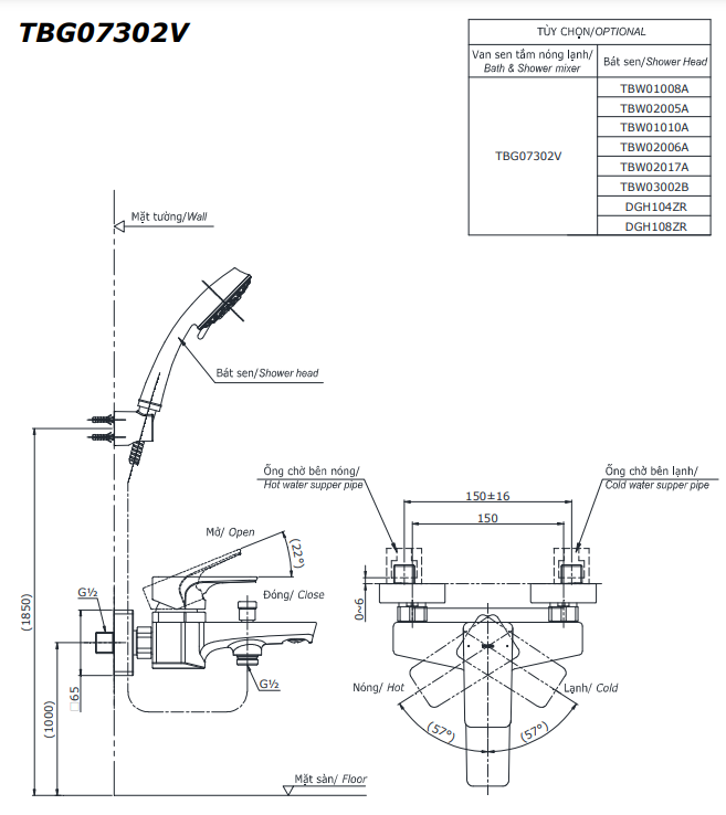 Bộ sen tắm nóng lạnh TOTO TBG07302VA TBW02006A (3 chế độ)