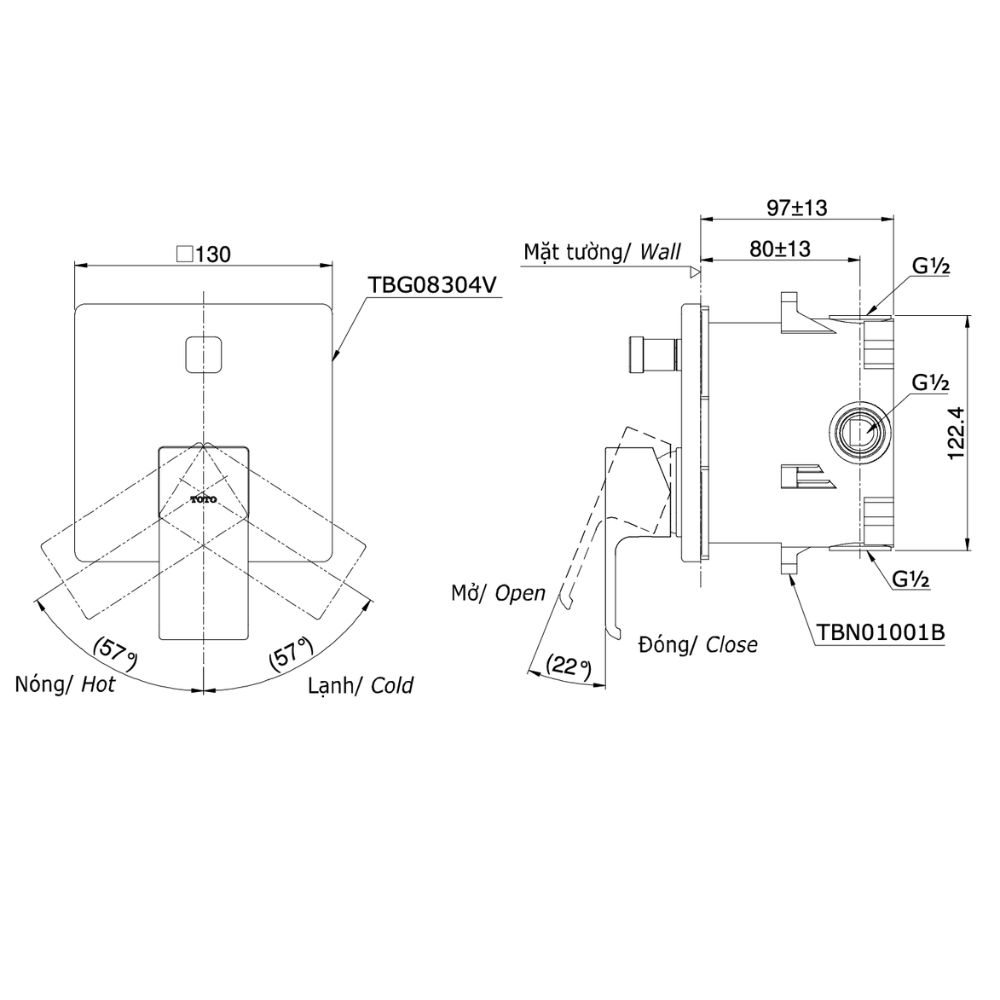 Van gật gù điều chỉnh nóng lạnh kèm nút chuyển hướng TOTO TBG08304VA