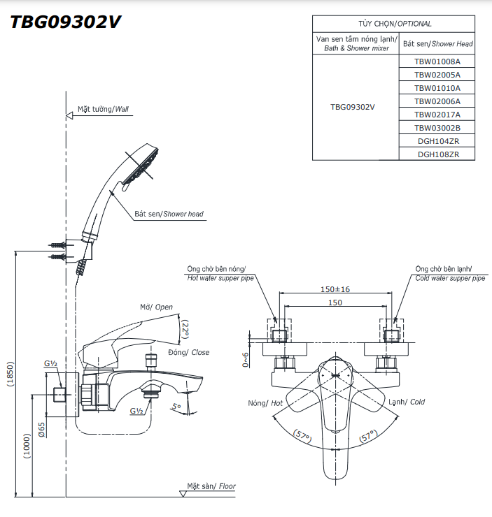 Bộ sen tắm nóng lạnh TOTO TBG09302VA TBW02017A