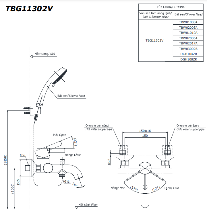 Bộ sen tắm nóng lạnh TOTO TBG11302VA TBW07012A (2 chế độ)