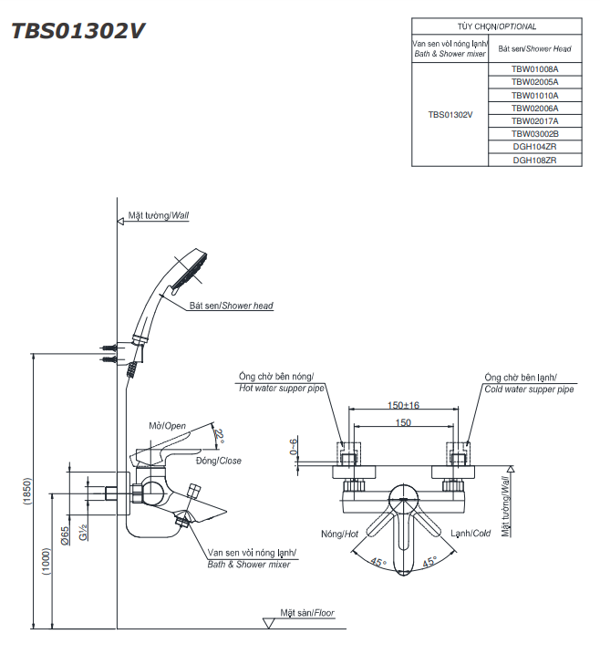 Bộ sen tắm nóng lạnh TOTO TBS01302V TBW02006V (3 chế độ)