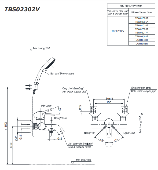 Bộ sen tắm nóng lạnh TOTO TBS02302V TBW02005A