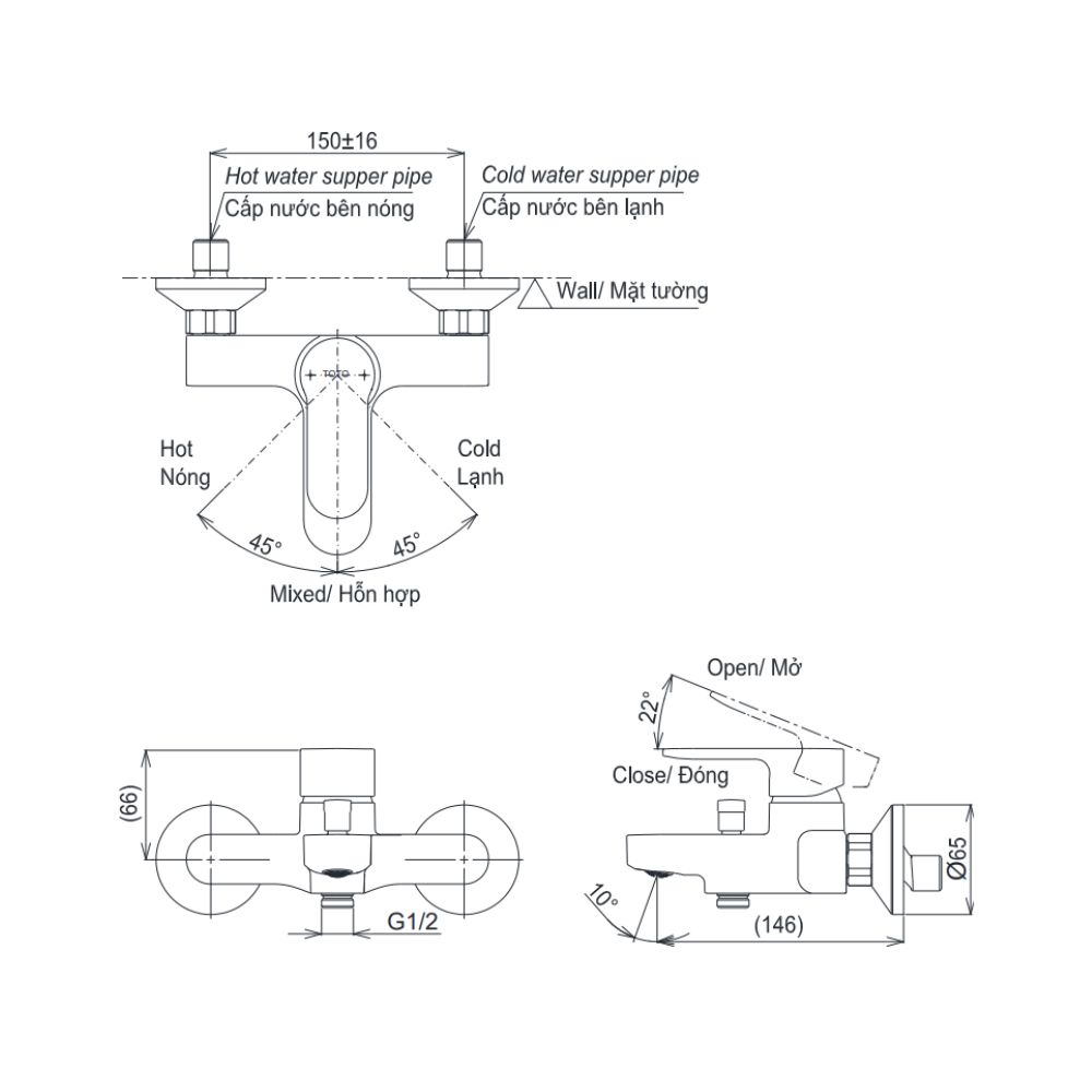 Bộ sen tắm nóng lạnh TOTO TBS06302V TBW01008V