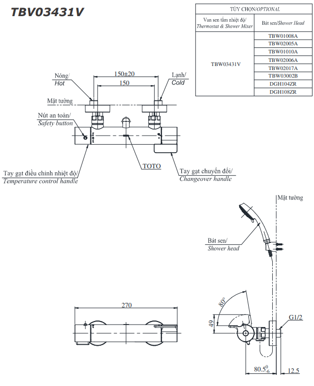 Bộ sen tắm nhiệt độ TOTO TBV03431V TBW09010V (3 chế độ)