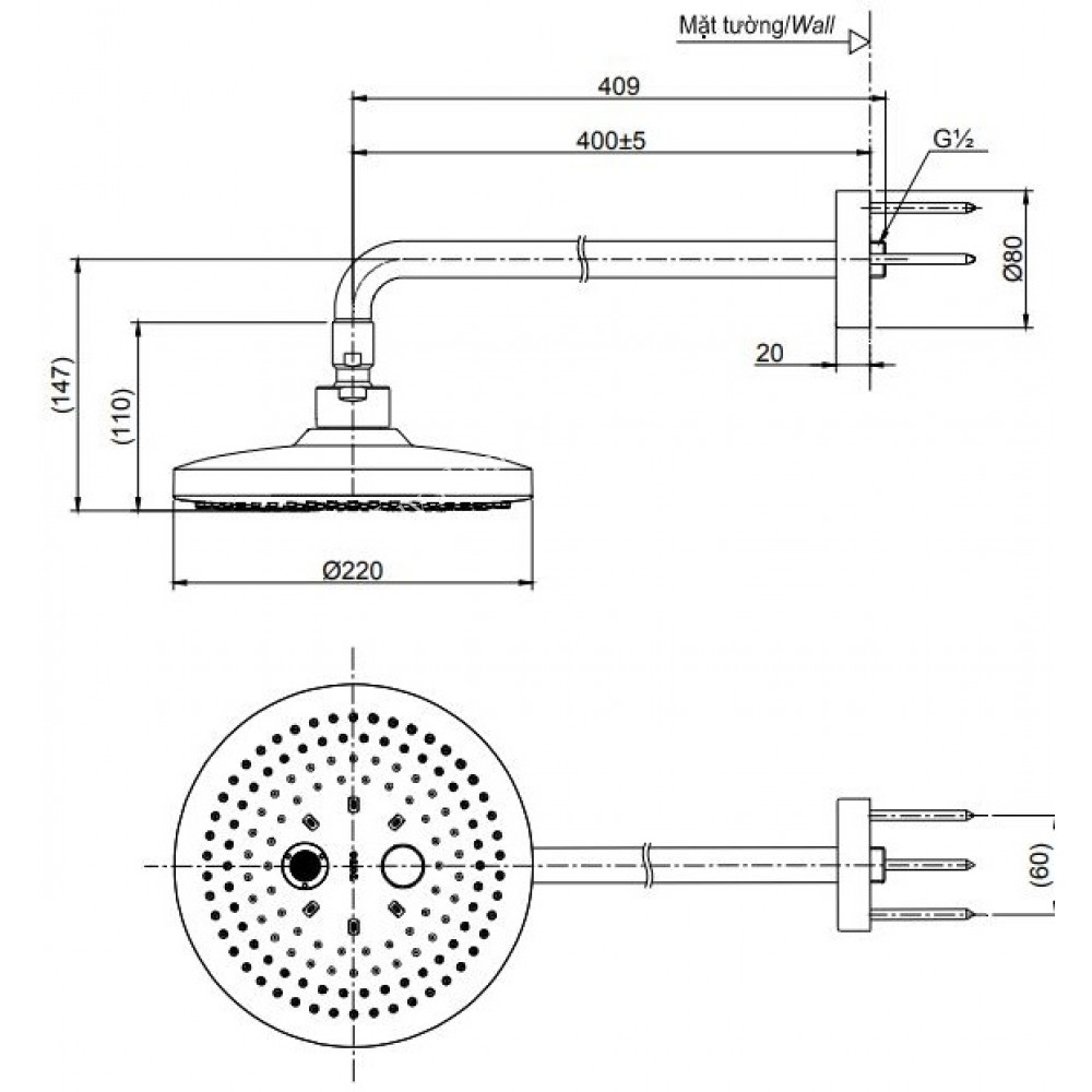 Bát sen tắm tắm gắn tường TOTO TBW01004A (2 chế độ, tròn)