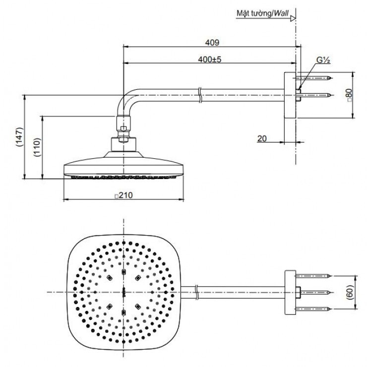 Bát sen tắm gắn tường TOTO TBW02003A (vuông, 210mm)