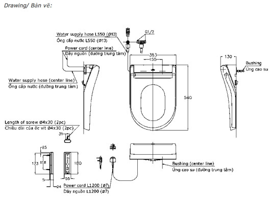 Bản vẽ kỹ thuật nắp bồn cầu TOTO TCF34570GAA