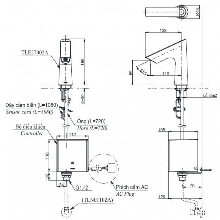 Bản vẽ kích thước vòi TOTO TLE27002A-TLE03502A1-TLN01102A