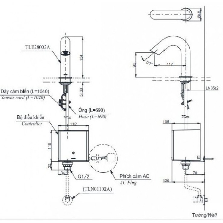 Bản vẽ kích thước vòi TOTO TLE28002A-TLE01502A1-TLN01102A 220V