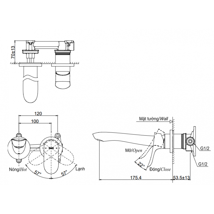 Vòi lavabo nóng lạnh gắn tường GO TOTO TLG01311BB