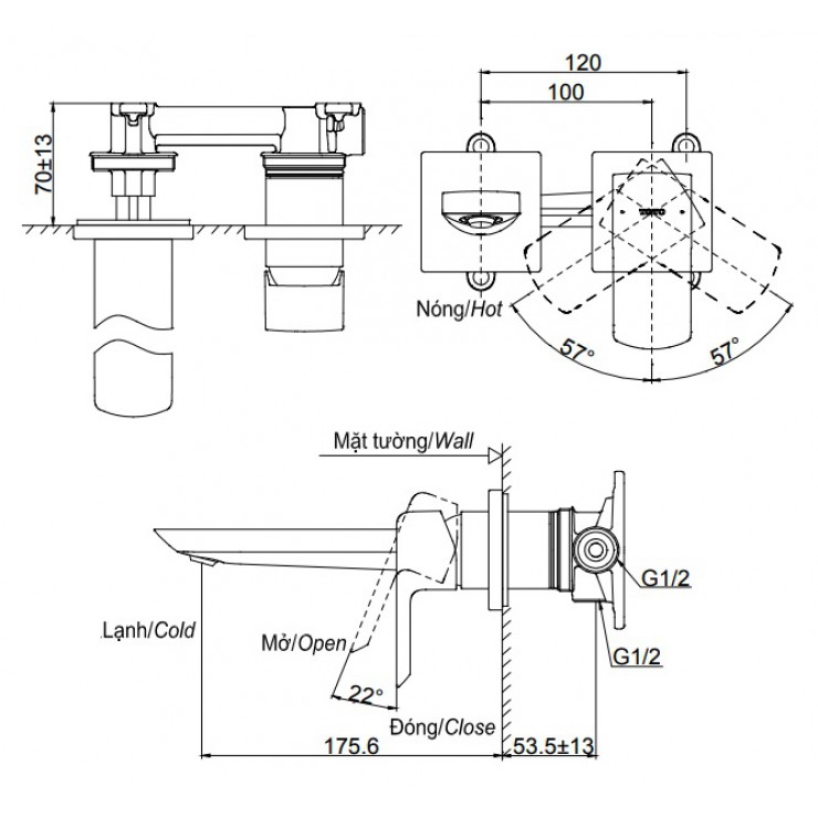 Vòi lavabo nóng lạnh gắn tường GR TOTO TLG02310BB (TLG02310B)