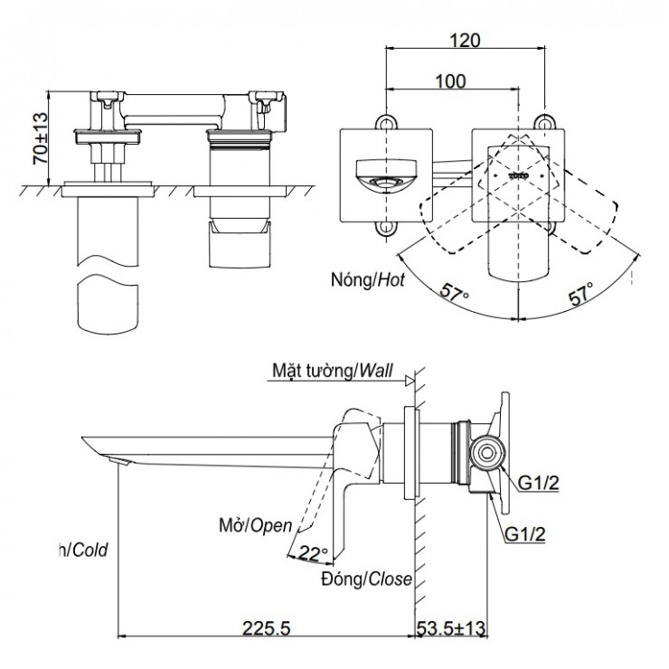 Vòi lavabo nóng lạnh gắn tường GR TOTO TLG02311BB (TLG02311B)
