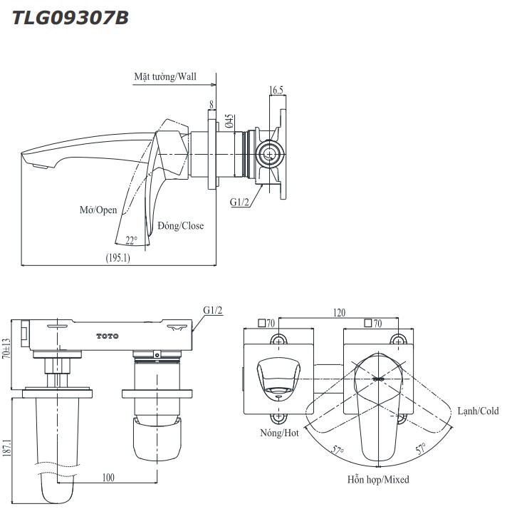 Vòi lavabo nóng lạnh gắn tường GM TOTO TLG09307BB (TLG09307B)
