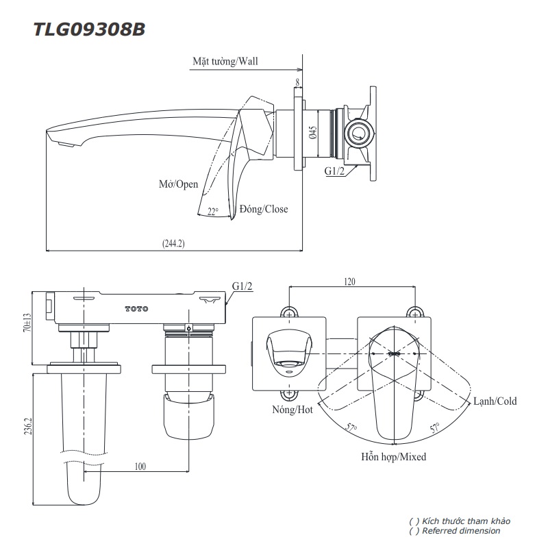 Vòi lavabo nóng lạnh gắn tường GM TOTO TLG09308BB