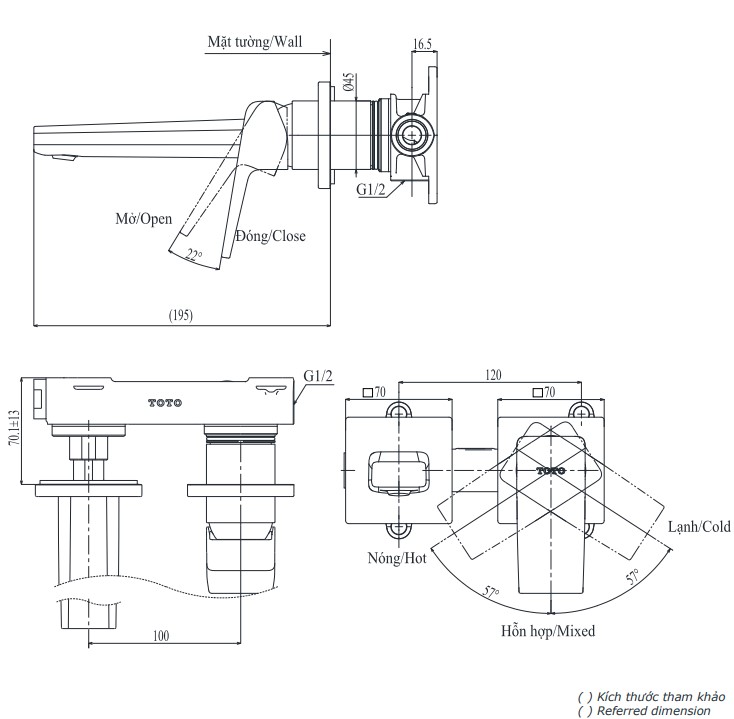 Vòi lavabo nóng lạnh gắn tường GB TOTO TLG10307BB (TLG10307B)